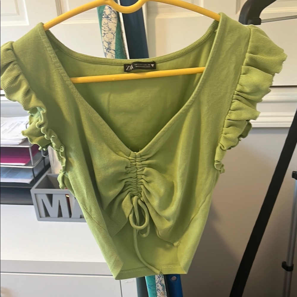 Zara Green Ruched Crop Blouse